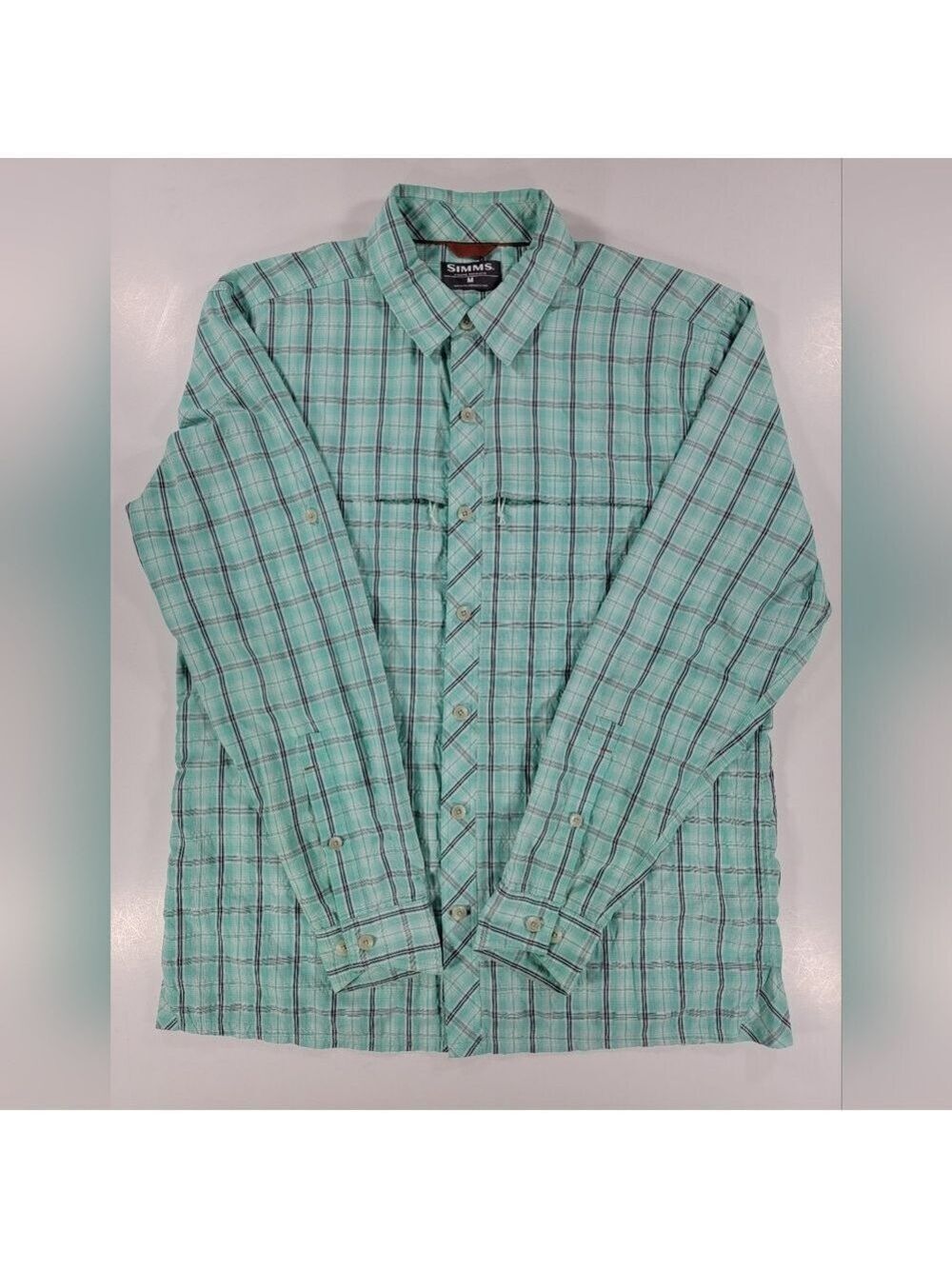 Simms Fishing Shirt Mens Medium Blue Plaid Button Down Long Roll Tab Sleeves